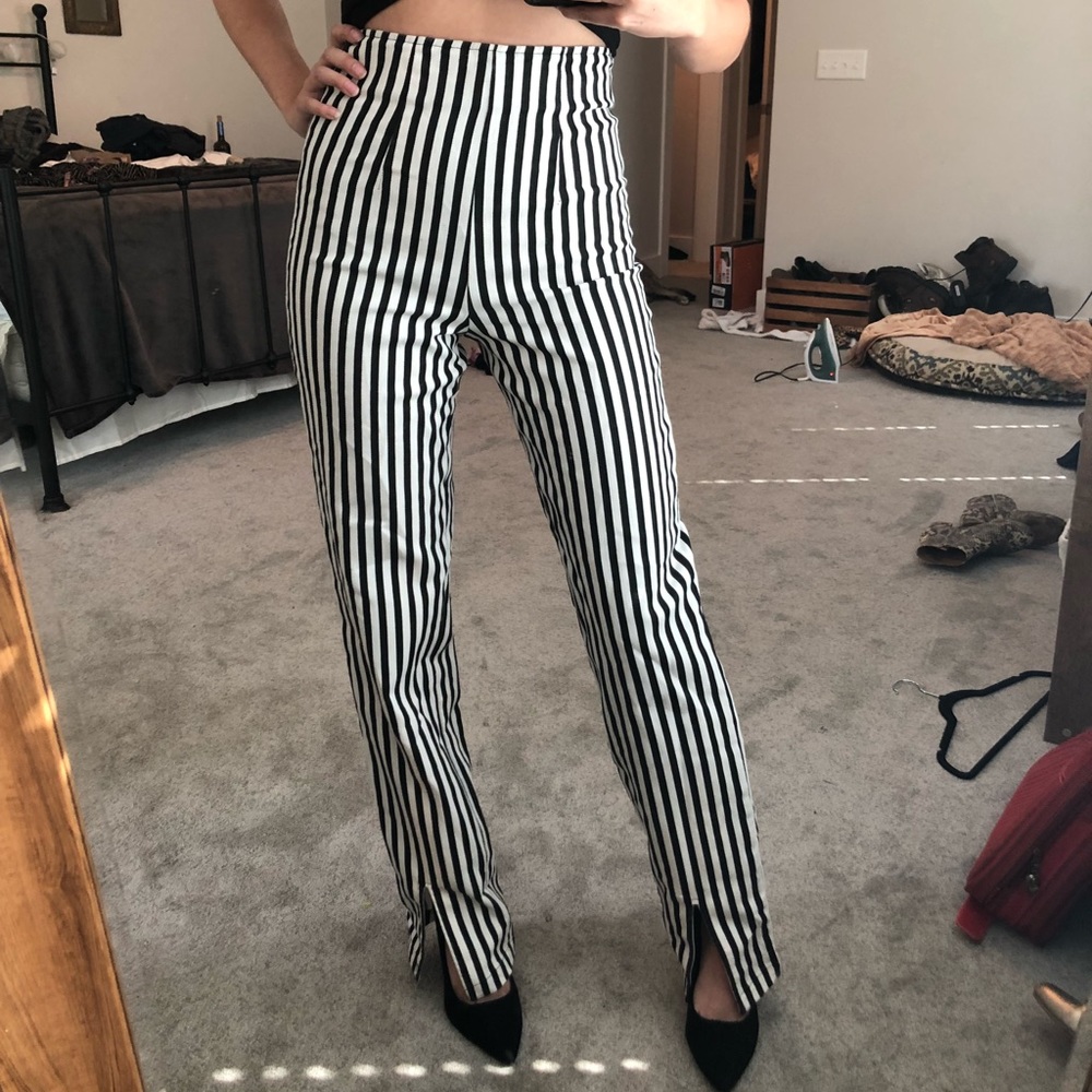 High Waist Black and White Striped Pants